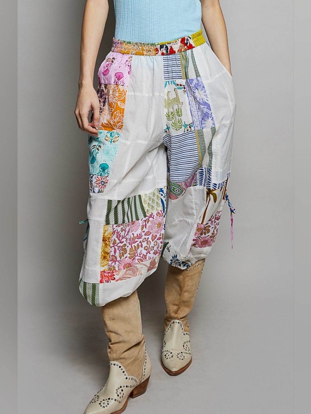 POL Printed Patchwork Wide Leg Pants with Adjustable Side Drawstring - Picture 6 of 8